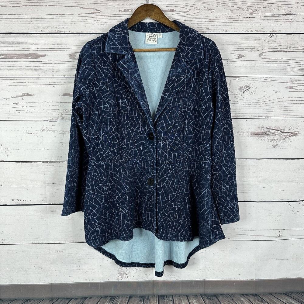 Parsley Sage Jacket Womens Medium Blue Knit Blazer Button Art Relaxed Stretch - Picture 1 of 12